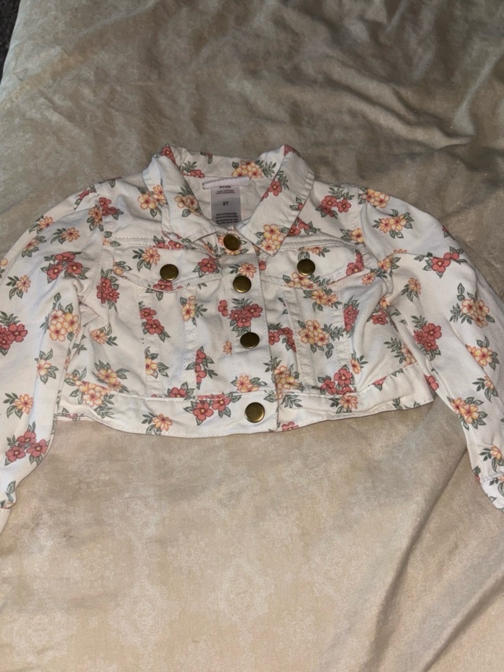 Little Lass White Cropped Jean Jacket with Pink & Peach Floral Print